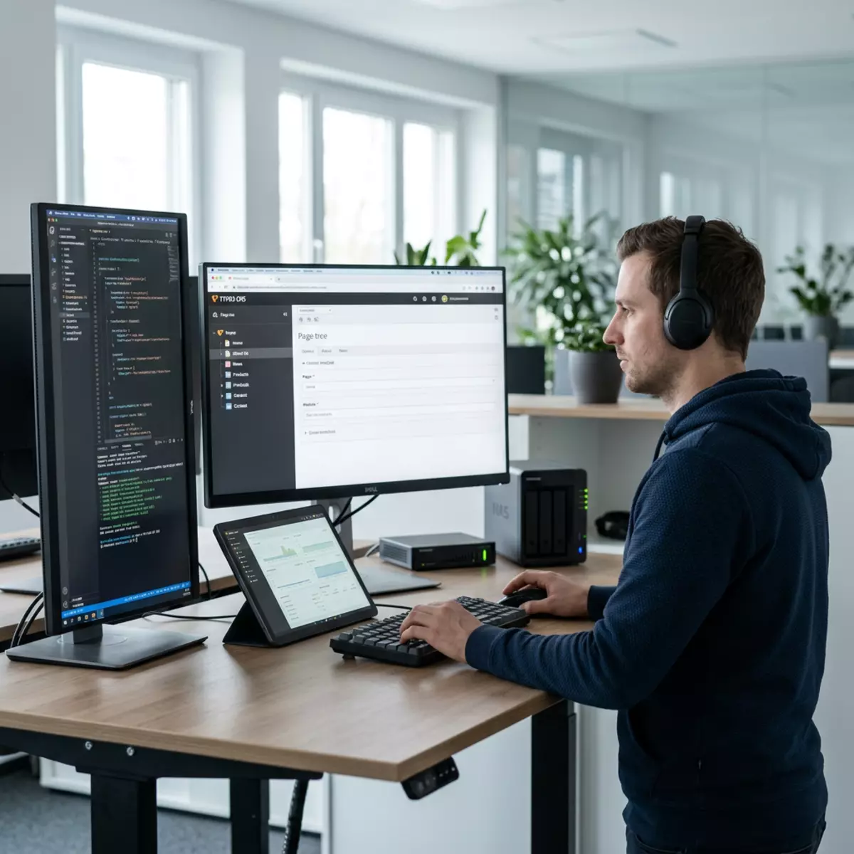 Ein Entwickler arbeitet am Schreibtisch mit mehreren Monitoren an TYPO3 CMS und sieht dabei Code und Seitenverwaltung.