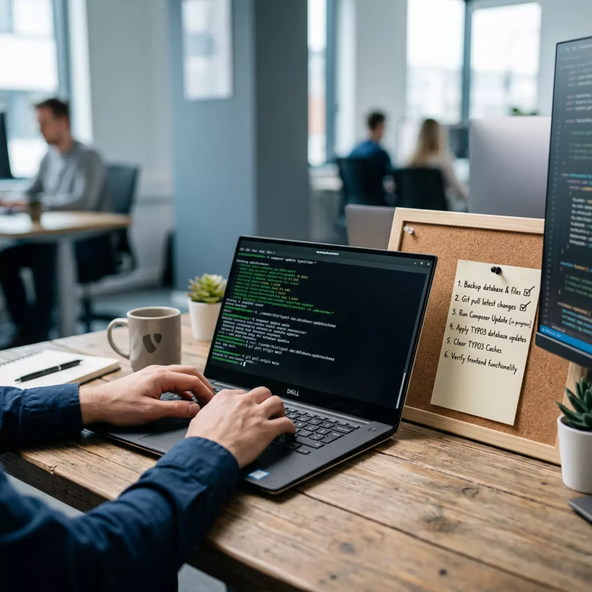 Ein Laptop mit geöffnetem Terminal steht neben einer Checkliste für TYPO3-Updates auf einem Bürotisch.