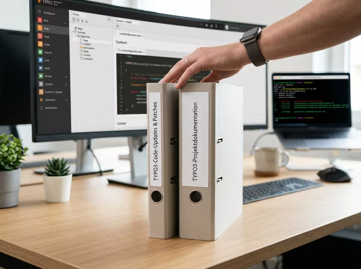 Zwei Ordner mit TYPO3 Update- und Dokumentationsaufschriften stehen vor einem Monitor mit Quellcode; eine Hand zeigt darauf.
