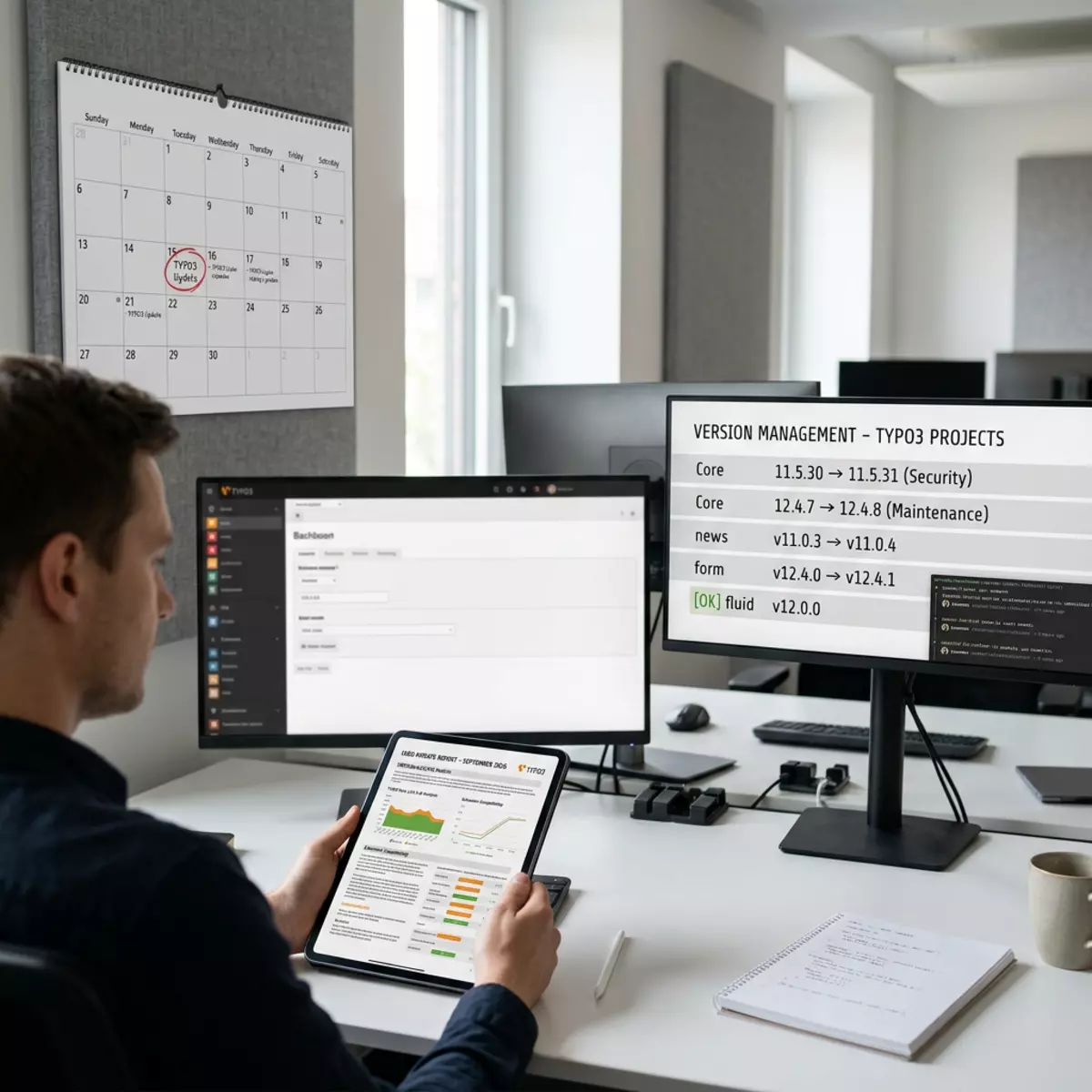 Ein Mitarbeiter prüft ein TYPO3 Update auf mehreren Monitoren und einem Tablet neben einem Kalender.