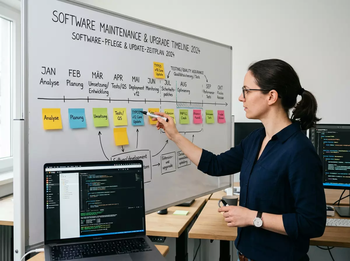 Eine Frau erläutert am Whiteboard einen Software-Wartungsplan 2024 mit Post-its, Monitoren und TYPO3 Update.