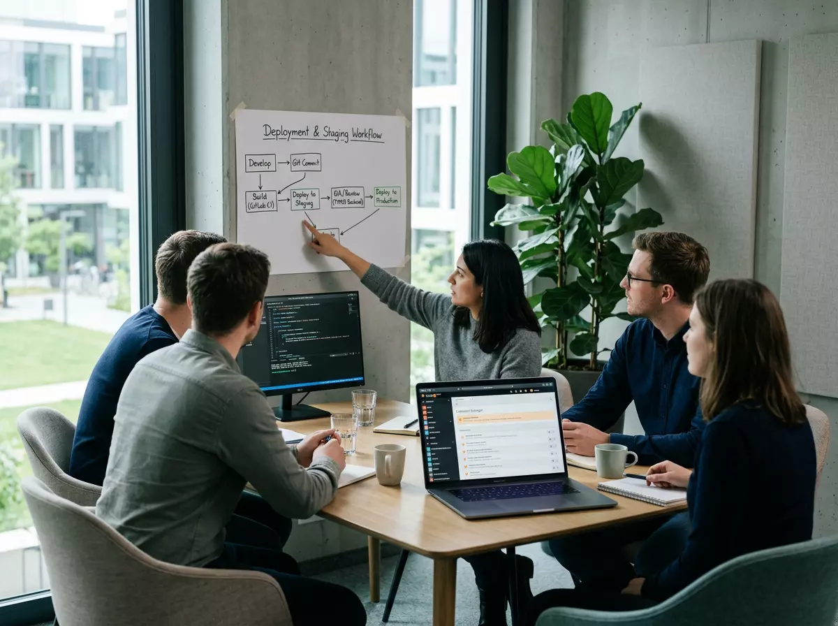 Ein Team bespricht den Workflow für ein TYPO3 Update, während Code und Staging-Anwendung auf Laptops sichtbar sind.