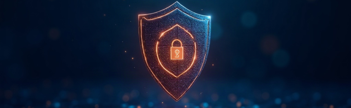 Abstraktes digitales Schild-Symbol mit Schloss, umgeben von einem leuchtenden Datenraster in Blau- und Orangetönen als Sinnbild für TYPO3-Sicherheitsupdates.