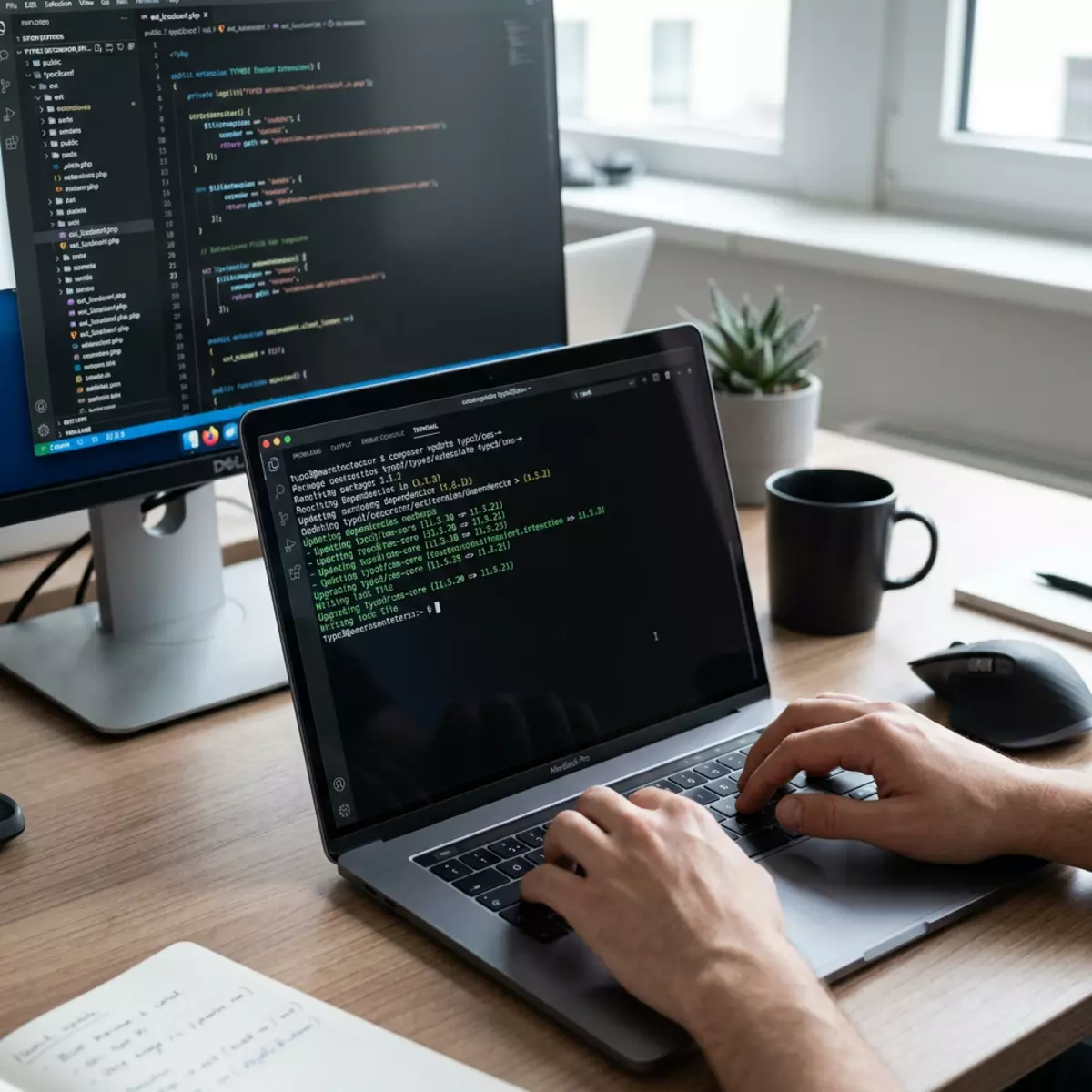 Ein Laptop zeigt ein Terminal mit TYPO3 Update, während Hände davor tippen; dahinter steht ein Monitor mit Quellcode.