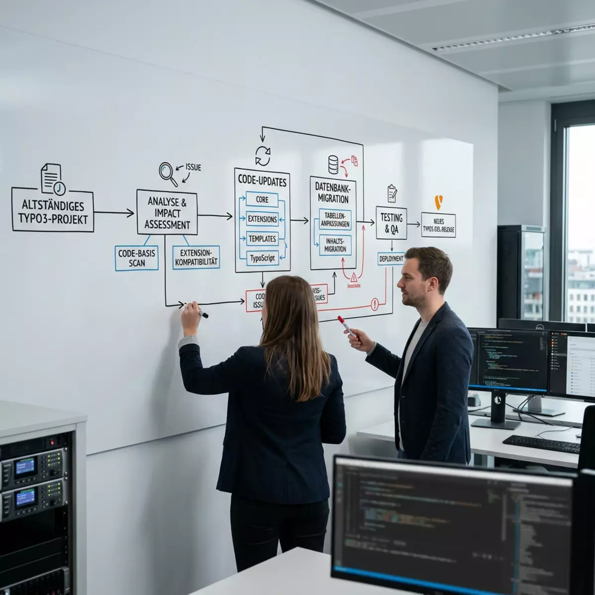 Zwei Fachleute planen vor einem Whiteboard ein TYPO3 Update mit Code-, Datenbank- und Testschritten.