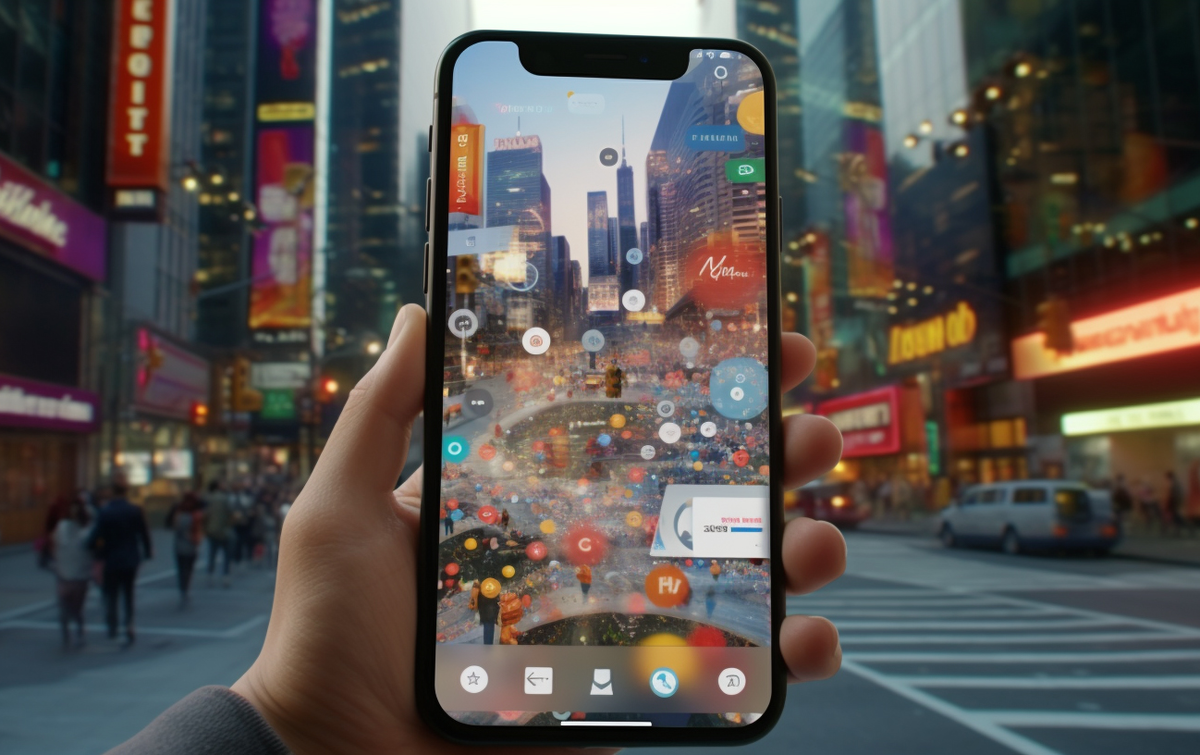 Recruiting Kampagne Social Media - Blick auf Smartphone-Menü vor Großstadt-Kulisse