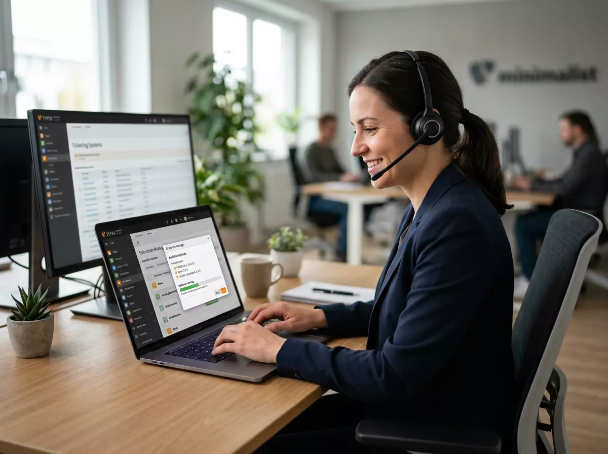 Eine Supportmitarbeiterin mit Headset bedient Laptop und Monitor und bearbeitet ein TYPO3 Update im Büro.