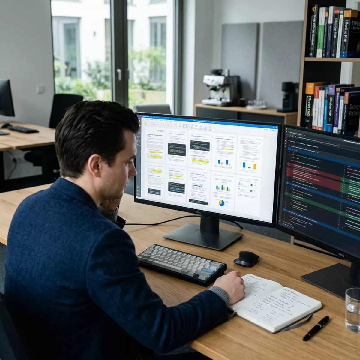 Ein Mitarbeiter prüft am Schreibtisch zwei Monitore mit Analysen und Code zum TYPO3 Update und notiert Ergebnisse.
