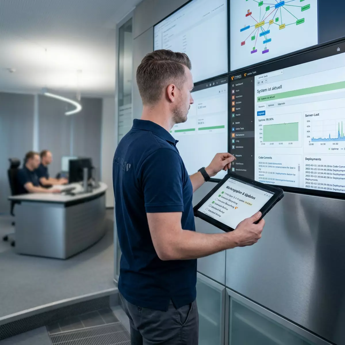 Ein Mitarbeiter prüft am Monitor den Status für ein TYPO3 Update und hält ein Tablet mit Checklisten.