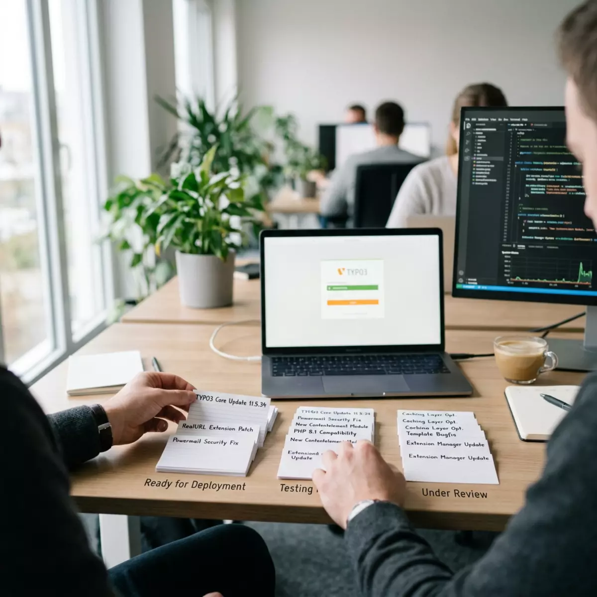 Im Büro zeigen ein Laptop TYPO3 und ein Monitor Code, während Mitarbeitende Karten zu Extensions nach Status sortieren.