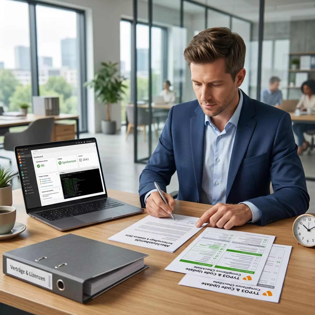Ein Mann im Anzug prüft am Laptop ein TYPO3 Update und bearbeitet Dokumente neben einem Ordner mit Verträgen.