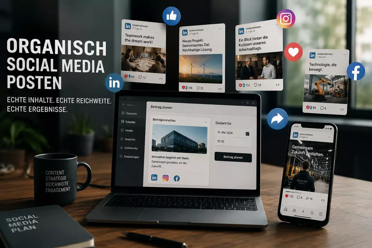 Organisches Social Media Marketing mit geplanter Content-Erstellung und Beiträgen auf LinkedIn, Instagram und Facebook