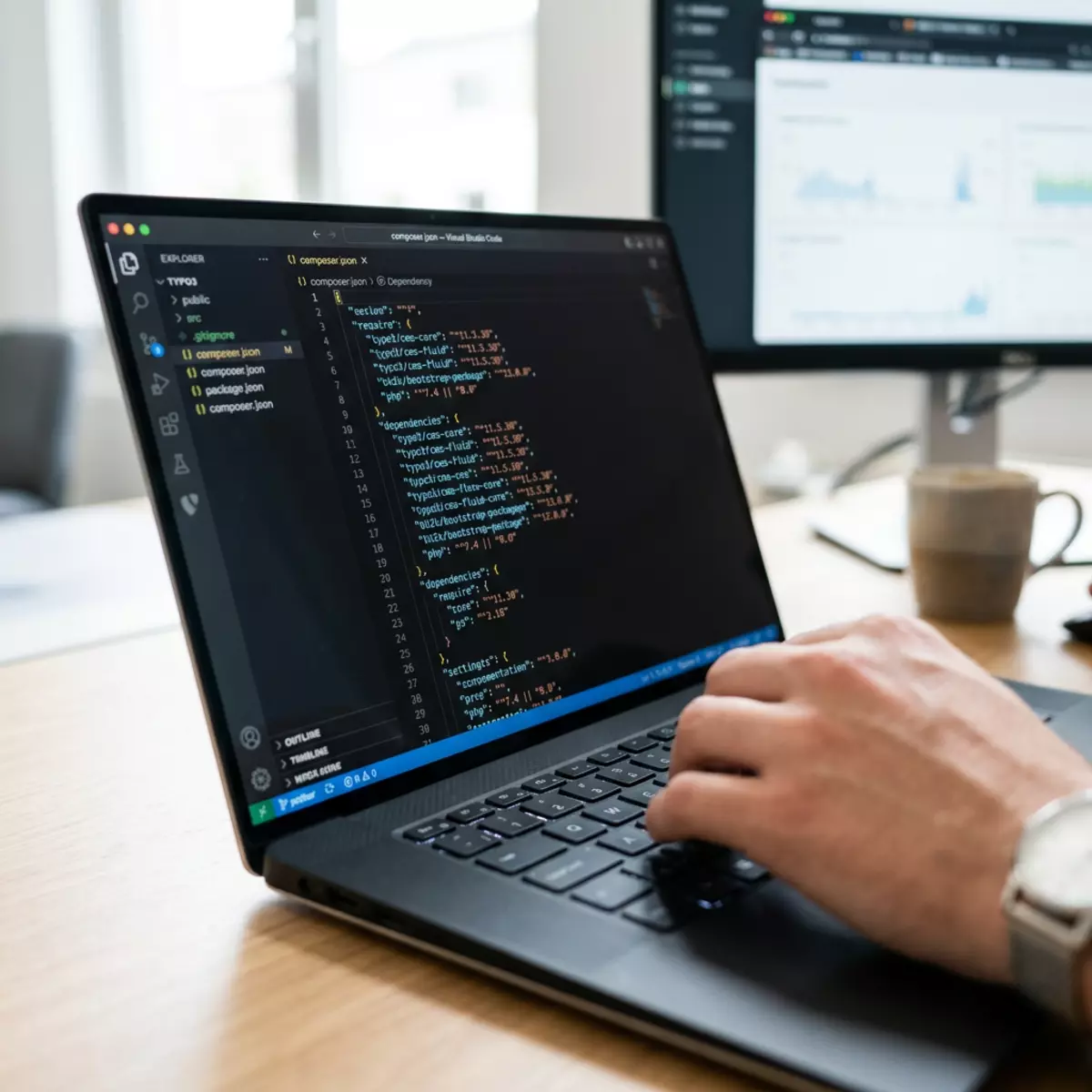 Ein Laptop zeigt in Visual Studio Code eine composer.json für ein TYPO3 Update, während eine Hand tippt.