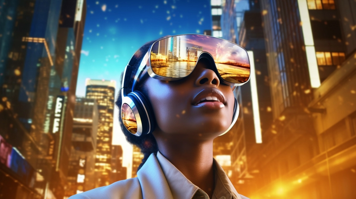 Recruiting Kampagne Social Media - Frau mit futuristischer Brille schaut nach oben