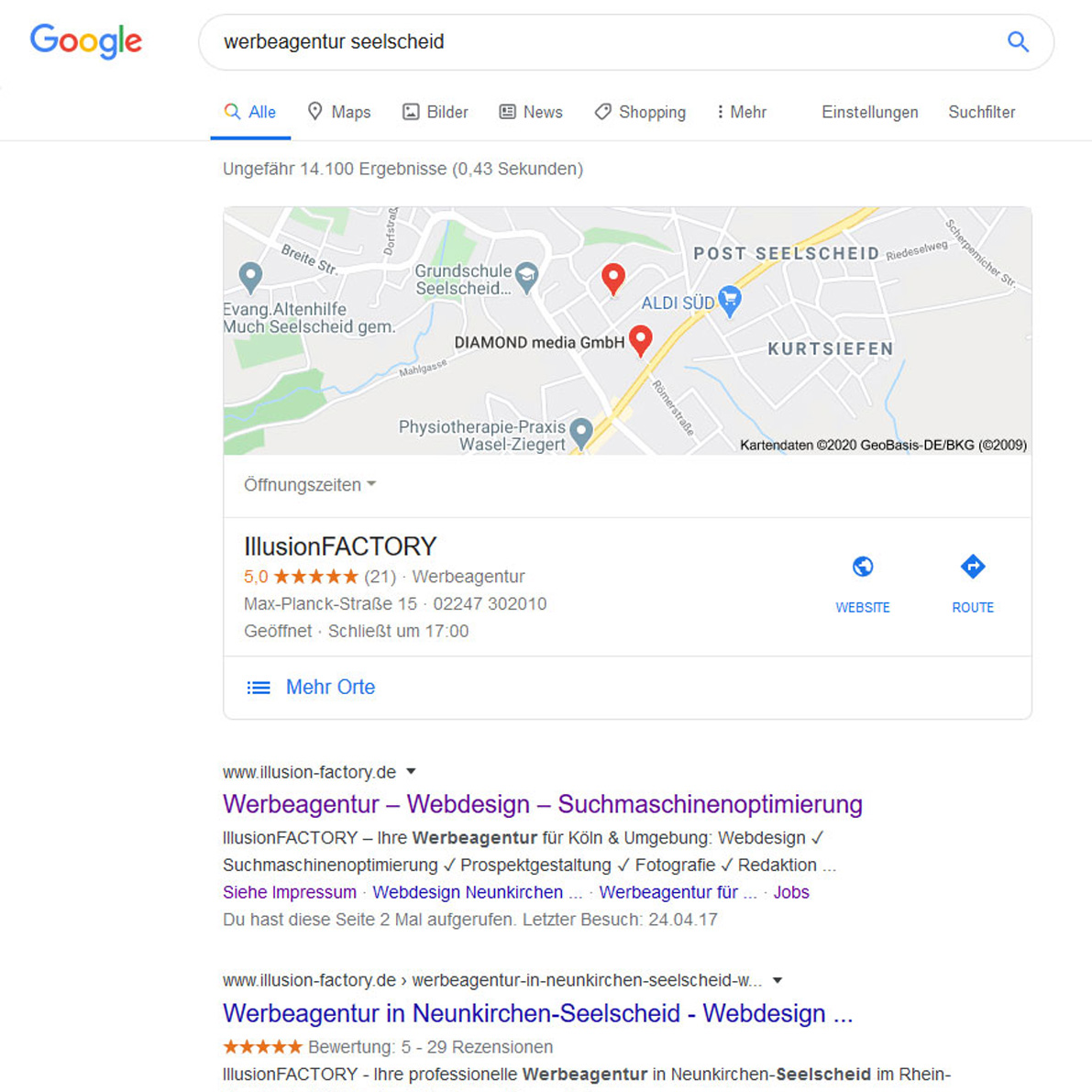 Screenshot - Suchergebnisse einer Suchanfrage in Google